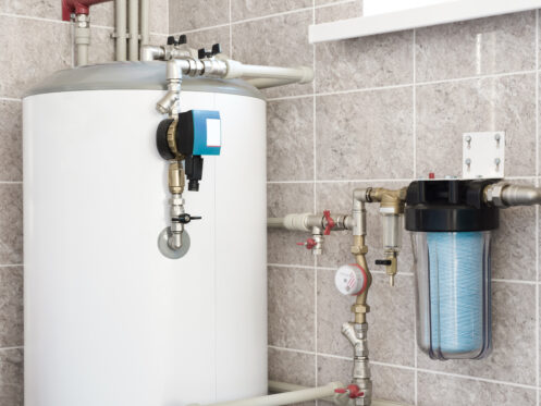 House water heating boiler with pump, ball valves and filters